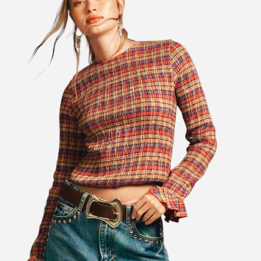 MAEVE Multicolor Plaid Gingham Long Sleeve Top
